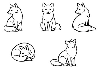 Naklejka premium Hand drawn line art fox illustration set featuring foxes in various sitting and sleeping poses for animal and nature designs