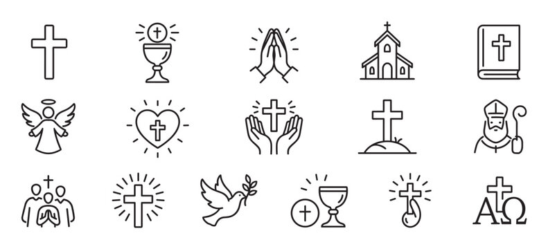 Set of Christian religion line icons featuring a cross, bible, church, angel, praying hands, dove, and other spiritual symbols for faith and worship in a minimalist outline style