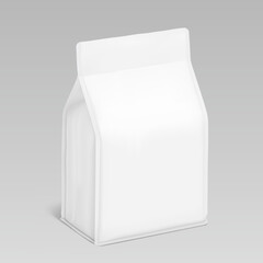 Vertical flat bottom gusset bag mockup for food, sport nutrition. Half side view. Vector illustration isolated on grey background. Can be use for template your design. EPS10.