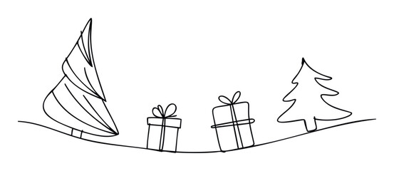 Continuous line drawing of festive Christmas trees and gift boxes for holiday greetings, winter event promotions, or seasonal graphic decor