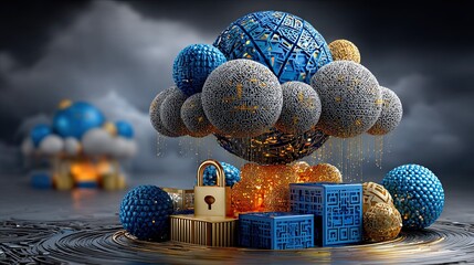 Post-Quantum Cryptography concept Futuristic abstract design with spheres and clouds. Future Tech Encryption Illustration
