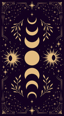 Magical card for astrology, tarot. Purple postcard with a frame in a bohemian design, moon phases stars, copy space. Magic vector illustration