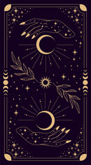 Magical card for astrology, tarot. Purple postcard with a frame in a bohemian design, moon phases stars, copy space. Magic vector illustration