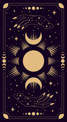 Magical card for astrology, tarot. Purple postcard with a frame in a bohemian design, moon phases stars, copy space. Magic vector illustration