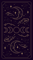 Magical card for astrology, tarot. Purple postcard with a frame in a bohemian design, moon phases stars, copy space. Magic vector illustration