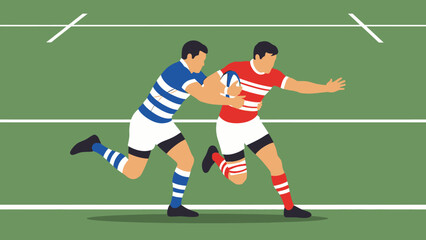 Two rugby players in a competitive match on a green field, one in blue and white stripes, the other in red and white, illustrating the sport's dynamic action and rivalry