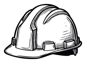 A robust black outline drawing of a safety hard hat is perfect for construction industry safety campaign materials, industrial security awareness posters, and worker protection equipment