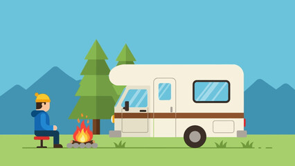 Obraz premium Enjoying a peaceful moment by a campfire next to a recreational vehicle amidst nature, perfect for an outdoor escape and serene travel adventure