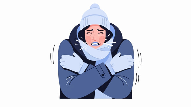 A person shivers uncontrollably, wrapped in winter clothes, with visible breath in freezing temperatures