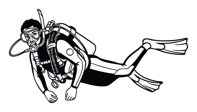 Professional scuba diver exploring underwater with full diving gear wearing a mask, regulator, and fins, perfect for water sports advertisements and adventure travel promotions - Powered by Adobe