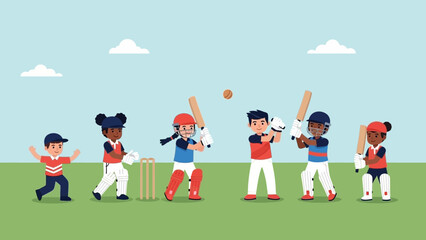 Children playing cricket on a sunny day, showcasing a fun outdoor sport activity for young athletes with a grassy field and blue sky
