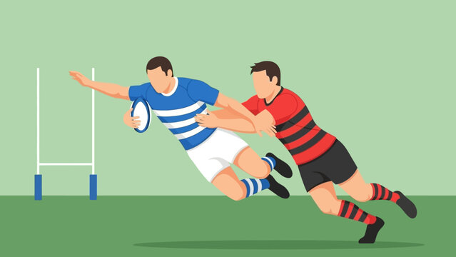Rugby player in blue dives for a try, skillfully avoiding a tackle from an opponent in red, illustrating intense game action