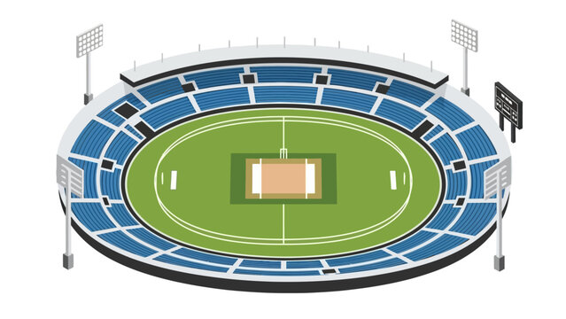Isometric illustration of an oval sports stadium, showcasing tiered seating, a green playing field, and floodlights, a grand venue for athletic events