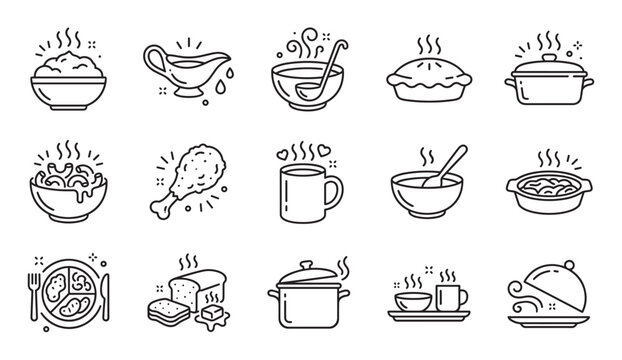 Set of black line art icons depicting various comfort foods and hot meals, including soup, pie, casserole, and chicken, drawn in a simple, minimalist vector illustration style