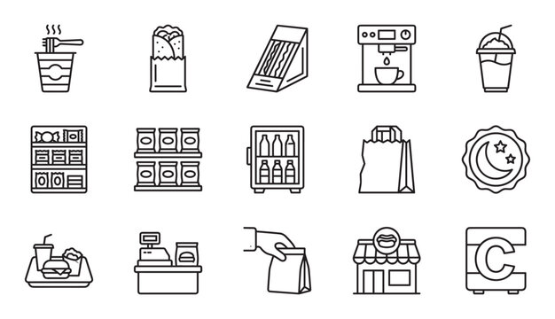 Convenience store and fast food line icon set featuring takeaway coffee, sandwiches, snacks, and drinks in a minimalist black and white outline style for graphic design