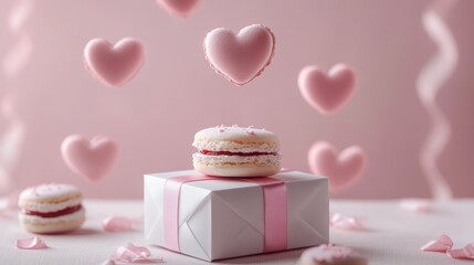 Macarons in heart shape in gift box isolated on pink background,events,aniversary festival gift set,french macaron cookies,trendy 2026,couple valentine Romantic love or pastry shop.