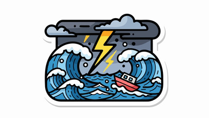 Fototapeta premium Small red boat tossed by massive waves under a stormy, lightning-filled sky