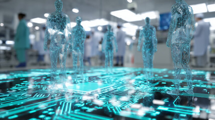 Futuristic digital humans gather on glowing circuit board. Scientists work in bright modern medical lab environment. Technology integrates health research and data analysis for community well-being