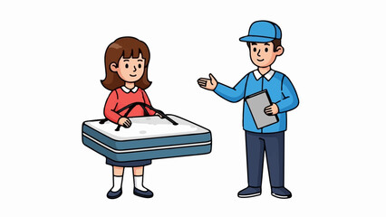 A child receives a mattress delivery from a uniformed person with a clipboard
