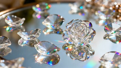 Sparkling crystal glass decorative pieces on a mirrored surface with rainbow prism reflections, elegant decor for weddings and home interiors