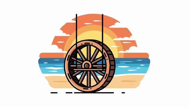 Vintage wagon wheel hangs against a vibrant sunset over the ocean and beach