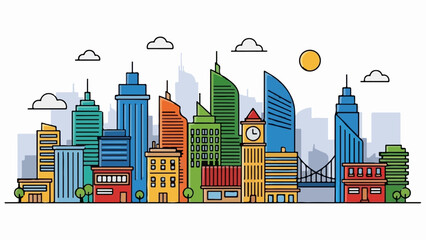 Fototapeta premium A colorful, stylized cityscape with varied tall buildings, clouds, and a sun