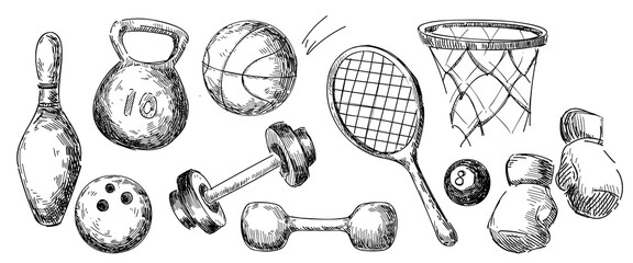 Vintage sports gear sketch set isolated on white. Vector illustration of hand drawn bowling pin, boxing gloves, tennis racket, dumbbells, volleyball and basketball items, kettlebell, billiard ball