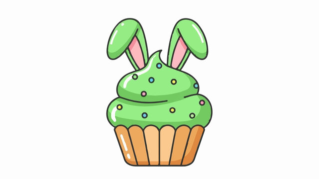 A green cupcake with bunny ears and colorful sprinkles