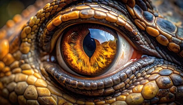 Detailed Close Up Of A Reptile Eye With Golden Orange Iris And Textured Scaly Skin In Natural Daylight