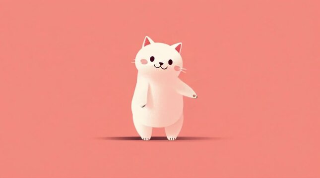 Cartoon white cat dancing on a salmon pink background with a playful mood.
