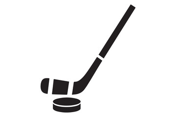 Black silhouette of a hockey stick and a puck on a white background representing the sport of hockey