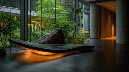 Modern interior design with a tranquil, lush garden view.