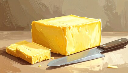 A gourmet slice of Swiss cheese and a metal knife sit on a rustic wooden board as a healthy yellow dairy snack isolated for a delicious breakfast meal