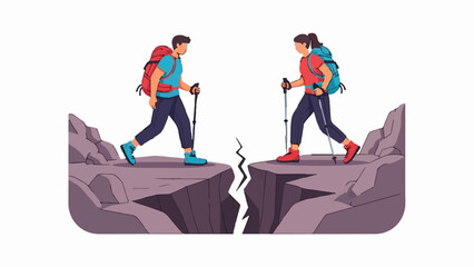 Two hikers with backpacks and poles stand on opposite sides of a chasm