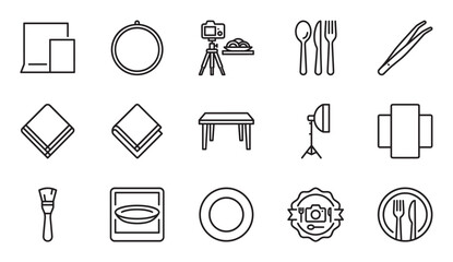 Collection of black line art icons for food photography and styling, featuring a camera, cutlery, plate, table, studio light, and various props for creating culinary content