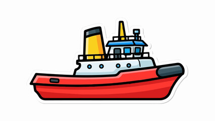 Fototapeta premium A cartoon illustration of a red tugboat with a yellow smokestack and blue windows