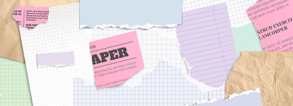 Ripped newspaper and notebook pages collage. Vector realistic illustration of blank graph and lined paper sheets, pieces of magazine articles with torn uneven edges, funky scrap poster background