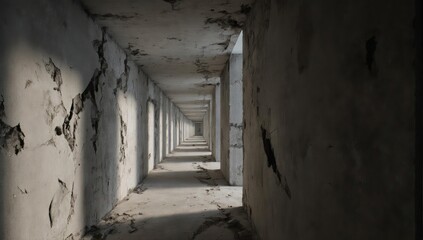 Obraz premium A long, stark hallway with crumbling concrete walls and diminishing perspective
