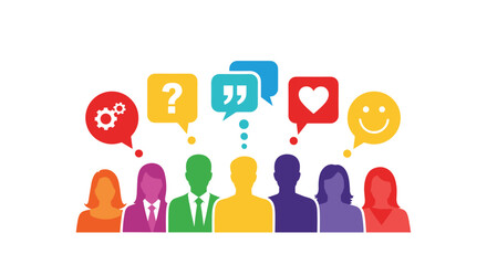 Group of colorful silhouettes represents a team with speech bubbles showing symbols for ideas, feedback, and love.