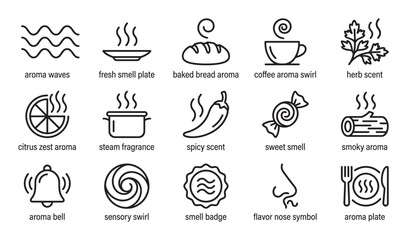 Collection of black line icons representing various smells and aromas, including food, drink, and nature scents, presented as a minimalist vector symbol set for sensory concepts