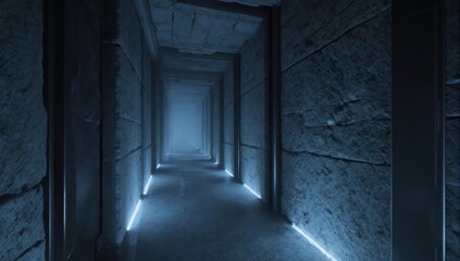 Long, stone corridor with ambient light and a misty glow at the end