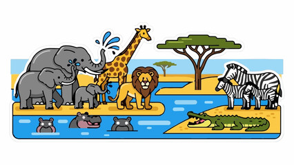 Cartoon savanna wildlife herd elephants, giraffe, lion, zebras, hippos, crocodile