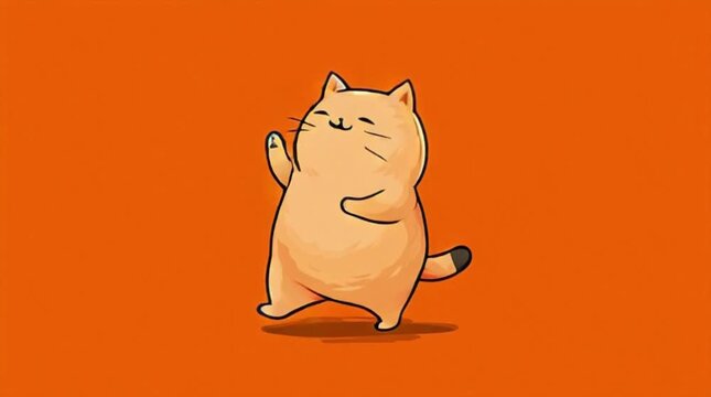 Cartoon cat performing a funny dance on an orange background with a playful mood.