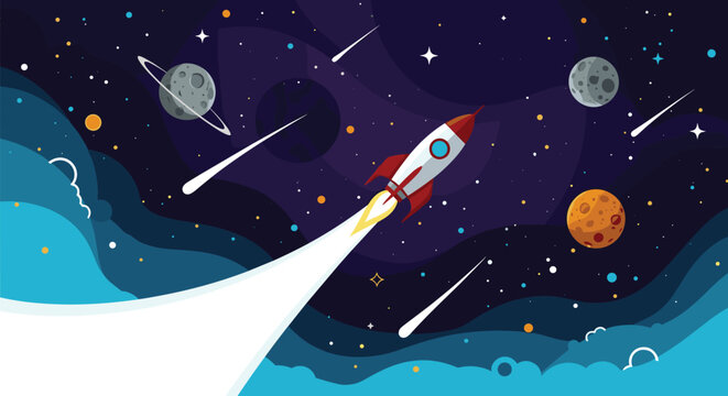 Cartoon rocket ship blasts off into a vibrant outer space filled with colorful planets, moons, stars, and comets.