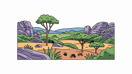 A stylized savanna landscape with rock formations, scattered trees, and rolling green hills