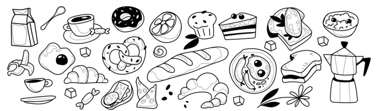 Vintage breakfast chalk doodles set on white background. Vector illustration of coffee cups and kettles, croissant, fried eggs on plate, jam toast, oatmeal bowl, fresh morning food, cafe menu icons