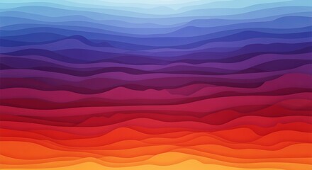 Abstract gradient landscape with layered colorful wavy hills in sunset colors.