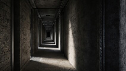 Long, dark, and textured corridor perspective with a light at the end
