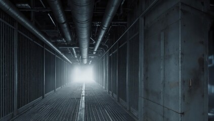 Industrial corridor with pipes, grating, metal walls, and a bright light