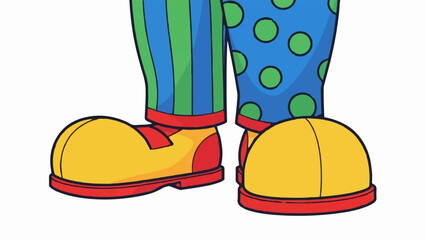 Cartoon clown's feet in colorful, oversized shoes and patterned pants